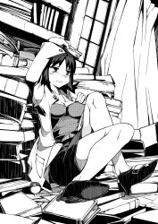  book bookshelf breasts closed_mouth commentary_request female full_body greyscale high_heels indoors kounosu_satori lab_coat long_sleeves medium_breasts miniskirt monochrome philena_ivy poke_ball pokemon pokemon_(anime) shoes short_hair sitting skirt solo tears window 