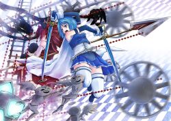  2girls armband back-to-back blue_eyes cape commentary_request daniyyel+jennifer dual_wielding gloves holding kanata_ryou long_hair magical_girl mahou_shoujo_madoka_magica mahou_shoujo_madoka_magica_(anime) miki_sayaka miki_sayaka_(magical_girl) multiple_girls polearm ponytail railroad_tracks red_hair sakura_kyoko sakura_kyoko_(magical_girl) sebastians_(madoka_magica) short_hair spear sword television thighhighs weapon wheel zettai_ryouiki 