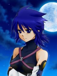  aqua_(kingdom_hearts) bare_shoulders blue_eyes blue_hair commentary_request dark_blue_hair detached_sleeves female fingerless_gloves gloves kingdom_hearts kingdom_hearts_birth_by_sleep moon night short_hair shuu_(blow_wind) solo 