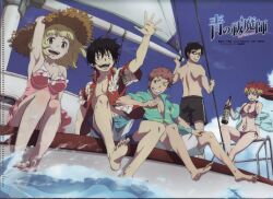  2girls 3boys :d ao_no_exorcist barefoot bikini black_hair blonde_hair blue_eyes bottle brothers casual_one-piece_swimsuit floral_print glasses green_eyes hand_on_headwear hat highres kirigakure_shura long_hair male_swimwear mole moriyama_shiemi multicolored_hair multiple_boys multiple_girls non-web_source official_art okumura_rin okumura_yukio one-piece_swimsuit open_mouth pointy_ears scan shima_renzou short_hair siblings sleeves_rolled_up smile straw_hat swim_trunks swimsuit topless_male yonezawa_masaru 