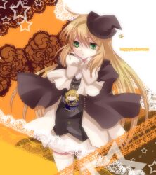  ada_vessalius bad_id bad_pixiv_id blonde_hair female green_eyes hat long_hair pandora_hearts photoshop_(medium) ribbon school_uniform skirt solo thighhighs tia_(cocorosso) vincent_nightray white_thighhighs witch_hat 