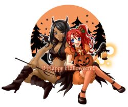  2girls bat_wings black_hair blue_eyes blush boots breasts cleavage commentary_request dark-skinned_female dark_skin gemini_sunrise grey_eyes halloween happy_halloween horns jack-o&#039;-lantern lantern lips lipstick long_hair makeup medium_breasts megu_(pixiv) midriff multiple_girls open_mouth orange_thighhighs partial_commentary photoshop_(medium) pitchfork pumpkin red_hair sagitta_weinberg sakura_taisen sakura_taisen_v side_ponytail smile thighhighs wings 