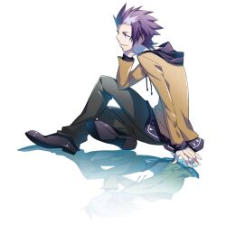  1boy bad_id bad_pixiv_id commentary_request cota danball_senki hood hoodie male_focus photoshop_(medium) purple_eyes purple_hair reflection sendou_daiki sitting solo 