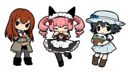  3girls :d ^_^ akiha_rumiho black_eyes black_hair black_pantyhose blush boots brown_hair chibi closed_eyes commentary_request dadami drill_hair hat jacket leg_lift maid_headdress makise_kurisu multiple_girls oerba_yun_fang open_mouth pantyhose pantyhose_under_shorts paw_pose pink_hair short_hair shorts simple_background smile standing standing_on_one_leg steins;gate twin_drills twintails upa_(steins;gate) waitress wrist_cuffs 