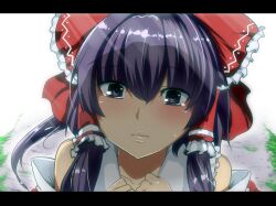  ascot blush bow commentary_request detached_sleeves female hair_ribbon hair_tubes hairbow hakurei_reimu hands_on_own_chest hyudora incoming_kiss letterboxed lips looking_at_viewer nervous ponytail purple_eyes purple_hair red_bow ribbon short_hair solo sweatdrop tears touhou 