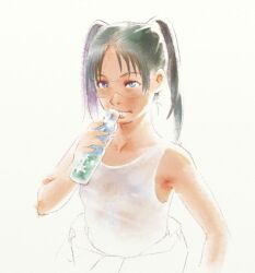  amasawa_yuuko bare_shoulders black_hair blue_eyes bottle commentary_request dennou_coil drinking female glasses photoshop_(medium) ramb_chop ramune short_hair simple_background solo twintails white_background 