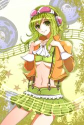  bad_id bad_pixiv_id breasts female goggles goggles_on_head green_eyes green_hair green_skirt gumi gumi_(v3_megpoid) jacket medium_breasts microskirt midriff musical_note navel pleated_skirt short_hair skirt smile solo suspender_skirt suspenders underboob velia vocaloid 