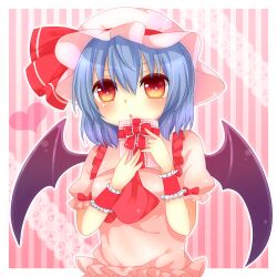  blue_hair blush commentary_request female hat highres red_eyes remilia_scarlet solo touhou wings wrist_cuffs yuria_(kittyluv) 