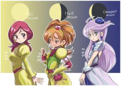  3girls :o ^^^ ahoge belt big_hair blue_eyes blush breast_envy breasts brown_eyes choker commentary_request comparison crescent_moon cure_bright cure_moonlight dress earrings elbow_gloves embarrassed english_text fingerless_gloves flat_chest frown full_moon futari_wa_precure_splash_star gloves gradient_background grey_hair h26r hair_between_eyes hair_ornament hairband heart heartcatch_precure! hyuuga_saki in-franchise_crossover jewelry kiryuu_michiru large_breasts long_hair looking_at_breasts looking_at_viewer looking_back magical_girl moon moon_phases multiple_girls orange_hair precure profile red_eyes red_hair sidelocks standing sweatdrop swept_bangs trait_connection tsukikage_yuri wrist_cuffs 