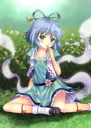  aqua_eyes artistic_error bad_id bad_pixiv_id blue_eyes blue_hair blush dress female flower hair_ornament hair_rings hair_stick highres kaku_seiga rasahan shawl sitting solo touhou 