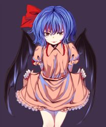  bad_id bad_pixiv_id bat_wings blue_hair brown_eyes female fingernails highres lips looking_at_viewer nail_polish no_headwear pokachu remilia_scarlet short_hair simple_background skirt_hold solo touhou wings 