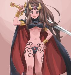  armor bandeau bare_legs bikini_armor black_cape bracelet breasts brown_background brown_hair cape commentary_request female hand_on_own_hip headband high_ponytail horns isedaichi_ken jewelry long_hair medium_breasts midriff mirienu_(monster_maker) monster_maker navel ponytail red_cape sidelocks smile solo sword underboob weapon wide_ponytail 