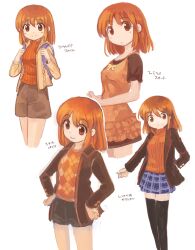  akatsuki_miho akemiho_tabi_nikki argyle backpack bad_id bad_pixiv_id bag black_thighhighs blue_skirt bob_cut brown_eyes brown_hair costume_chart dress female gendai_ninjakko_zukan hand_on_own_hip hands_on_own_hips jacket kouno_hikaru miniskirt multiple_views orange_shirt plaid plaid_skirt pleated_skirt reference_sheet shirt short_hair shorts simple_background skirt smile sweater thighhighs translated turtleneck zettai_ryouiki 