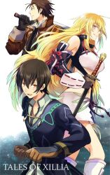  2boys alvin_(tales) aotsuki_ren bad_id bad_pixiv_id black_hair blonde_hair brown_eyes brown_hair commentary_request copyright_name female gloves jude_mathis long_hair milla_maxwell multiple_boys scarf smile sword tales_of_(series) tales_of_xillia weapon yellow_eyes 