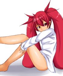  arcana_heart arcana_heart_3 bare_legs bottomless commentary_request female knee_up leg_up long_hair long_sleeves looking_at_viewer looking_to_the_side oversized_clothes oversized_shirt red_eyes red_hair scharlachrot shirt simple_background sitting solo suzuna_(najaran) twintails very_long_hair white_background white_shirt 