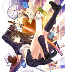  amagai_tarou black_panties black_skirt black_socks book bottle brown_eyes brown_hair calculator cellphone clock commentary cuffs falling female gakuran glasses handcuffs highres ito-en katana kneehighs kneepits leg_up loafers long_hair looking_at_viewer miniskirt notepad open_clothes original panties pen phone pleated_skirt sarashi school_uniform sheath shoes skirt socks solo sword underwear unsheathing weapon 