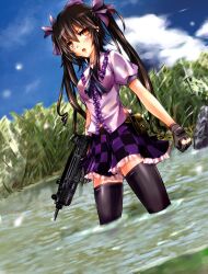  black_gloves black_hair black_thighhighs blush brown_hair checkered_clothes checkered_skirt commentary_request female frilled_skirt frills gloves grass gun hat highres himekaidou_hatate kihou_no_gotoku_dmc long_hair miniskirt purple_skirt river skirt solo submachine_gun thighhighs tokin_hat touhou trigger_discipline twintails uzi wading water weapon wet wet_clothes yellow_eyes zettai_ryouiki 