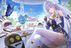  absurdres ascot bangboo_(zenless_zone_zero) bare_shoulders black_gloves blue_dress blue_sky breasts bug butterfly cake cloud commentary crossed_legs cup dress earrings female food gloves gm_bluein grey_hair hair_over_one_eye highres holding holding_cup indoors jewelry large_breasts long_hair long_sleeves looking_at_viewer mole mole_under_mouth parted_lips pointy_ears purple_eyes sitting sky smile teacup thighhighs untranslatable_commentary velina_airgid very_long_hair white_thighhighs zenless_zone_zero 