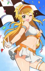  :d ;d absurdres armband belt blonde_hair breasts checkered_flag clothes_writing commentary confetti cowboy_shot day female fingerless_gloves flag gloves green_eyes highres holding holding_flag hoshii_miki idolmaster idolmaster_(classic) idolmaster_million_live! jeff_miga large_breasts long_hair looking_at_viewer microskirt navel official_alternate_costume one_eye_closed open_mouth orange_belt outdoors race_flag race_queen skirt smile solo standing thigh_strap v visor_cap white_gloves white_skirt 