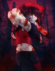  baseball_bat baseball_cap black_jacket black_pants blood blood_on_clothes blood_on_face blood_on_weapon breasts closed_mouth colored_sclera commentary_request cowboy_shot crop_top drill_hair female hat highres holding holding_baseball_bat jacket kasane_teto krylov letterman_jacket looking_at_viewer midriff navel pants red_eyes red_hair red_hat red_sclera red_shirt shirt short_hair small_breasts solo synthesizer_v twin_drills utau weapon yararara_(synthesizer_v) 