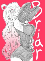  ahoge alternate_hair_length_(longer) armpits blush breasts briar_(league) character_name colored_sclera commentary cowboy_shot elbow_gloves female from_side gloves grey_eyes grin highres izoo1200 large_breasts league_of_legends leotard long_hair pointy_ears red_background red_sclera sharp_teeth smile solo teeth vampire 