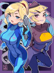  2girls artist_logo artist_name belt black_gloves black_pants blonde_hair blue_bodysuit blue_eyes blush bodysuit breasts commentary covered_navel dotted_background english_commentary gameoverse glint gloves gun hair_tie hand_up handgun hat high_ponytail highres holding holding_gun holding_weapon inkrelic logo long_hair long_shirt long_sleeves looking_at_viewer makeup metroid miss_information_(gameoverse) mole mole_under_mouth multiple_girls open_mouth outline pants parted_lips ponytail purple_background purple_belt purple_eyes purple_lips purple_shirt samus_aran shirt skin_tight smile standing standing_on_one_leg taut_clothes teeth thighs very_long_hair weapon white_outline zero_suit 