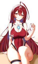  absurdres ahoge blue_fire blush breasts cleavage clip_studio_paint_(medium) commentary covered_navel cowboy_shot elizabeth_rose_bloodflame elizabeth_rose_bloodflame_(holonatsu_paradise) english_commentary female ferd_jk fire fire_on_chest hair_between_eyes highleg highleg_one-piece_swimsuit highres hololive hololive_english huge_ahoge jewelry large_breasts long_hair looking_at_viewer mole mole_under_mouth official_alternate_costume one-piece_swimsuit open_mouth pink_nails playing_with_own_hair red_eyes red_hair red_one-piece_swimsuit simple_background solo swimsuit thighlet very_long_hair virtual_youtuber white_background 