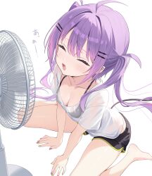  absurdres barbell_piercing barefoot black_bra black_shorts bra bra_visible_through_clothes breasts cleavage closed_eyes commentary_request demon_girl demon_tail ear_piercing electric_fan female gradient_hair hair_ornament hairclip highres hololive industrial_piercing long_hair medium_breasts multicolored_hair nekonosuke open_mouth paid_reward_available parallel_hairclips piercing pink_hair pointy_ears purple_hair see-through_clothes see-through_shirt shirt short_shorts shorts simple_background sitting solo t-shirt tail tokoyami_towa twintails underwear virtual_youtuber white_background white_shirt 