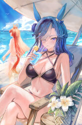  2girls absurdres admire_groove_(umamusume) animal_ears beach beach_umbrella bikini black_bikini black_hairband blue_hair blue_sky breasts commentary_request criss-cross_halter crossed_legs cup drinking_glass drinking_straw food fruit hairband halterneck highres holding holding_cup horse_ears horse_girl horse_tail ice medium_breasts mole mole_under_mouth multiple_girls ocean orange_(fruit) orange_slice plant potted_plant purple_eyes red_desire_(umamusume) red_hair sarong simple_bird sitting sky swimsuit tail umamusume umbrella wet white_bikini white_hair white_sarong x_1031_xter 