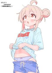  :o absurdres ahoge alternate_hairstyle blue_panties blue_shirt blue_shorts blush bow bow_panties breasts brown_eyes clothes_lift colored_inner_hair commentary cowboy_shot female hair_between_eyes hair_bun highres looking_up midriff multicolored_hair navel onii-chan_wa_oshimai! open_mouth oyama_mahiro pa_panahana panties pink_hair shirt shirt_lift short_hair short_sleeves shorts shorts_partially_removed sidelocks simple_background small_breasts solo standing t-shirt translation_request two-tone_hair underwear white_background 
