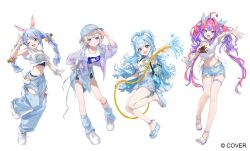  4girls :d ;d ahoge animal_ears baseball_cap belt bikini bikini_bottom_under_shorts bikini_under_clothes black_shorts blonde_hair blue_eyes blue_hair blue_hat blue_pants blue_skirt bow braid breasts carrot_hair_ornament center-flap_bangs colored_inner_hair colored_tips commentary_request copyright_notice cropped_shirt denim denim_shorts denim_skirt extra_ears food-themed_hair_ornament full_body gradient_hair hair_intakes hair_ornament hairbow hat highres holding holding_hose hololive hololive_dev_is hololive_indonesia hose kikirara_vivi kobo_kanaeru long_hair looking_at_viewer medium_breasts midriff multicolored_hair multiple_girls navel official_alternate_costume official_art one_eye_closed open_mouth orange_eyes pants pink_hair pisuke_wan platform_sandals purple_eyes purple_hair purple_streaks rabbit-shaped_pupils rabbit_ears rabbit_girl sandals shirt shirt_tucked_in shoes short_eyebrows short_hair short_shorts shorts sidelocks simple_background skirt small_breasts smile sneakers star-shaped_pupils star_(symbol) streaked_hair swimsuit symbol-shaped_pupils t-shirt thick_eyebrows thigh_belt thigh_strap todoroki_hajime toes torn_clothes torn_skirt twin_braids twintails two_side_up usada_pekora very_long_hair virtual_youtuber water wavy_hair white_background white_bikini white_hair white_shirt white_shoes 