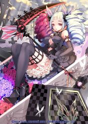  bare_shoulders black_dress black_flower black_gloves black_rose black_thighhighs breasts bug butterfly clothing_cutout cloud cloudy_sky coffin commentary_request company_name cross dress dress_flower drill_hair elbow_gloves female flower frills gin_(oyoyo) gloves hair_ornament high_heels holding light_rays long_hair purple_flower purple_rose red_eyes red_flower red_rose rose scythe sky solo soul_reverse_zero sunbeam sunlight thighhighs twin_drills twintails white_flower white_rose 