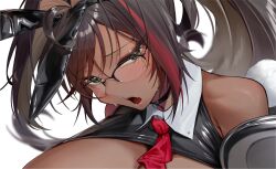  ahoge bare_shoulders bay_(nikke) bay_(radiant_rabbit)_(nikke) black_choker black_hair breasts choker cleavage commentary_request dark-skinned_female dark_skin female fujisaki_subaru goddess_of_victory:_nikke green_eyes hair_intakes highres large_breasts looking_at_viewer mole mole_under_mouth multicolored_hair necktie open_mouth over-rim_eyewear pink_lips red_hair red_necktie semi-rimless_eyewear sidelocks solo streaked_hair white_background 