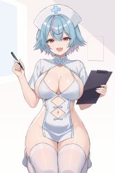  :d blue_hair breasts cleavage clipboard clothing_cutout commentary_request cross cross_print female full_body hair_between_eyes hat highres holding holding_clipboard holding_pen kneeling large_breasts li_maipha_(ayamo_kaoru) looking_at_viewer multicolored_hair nakamura_nagare navel navel_cutout no_shoes nurse_cap open_mouth original pen pink_hair pink_streaks red_eyes revealing_clothes short_hair short_sleeves shrug_(clothing) simple_background sitting smile solo streaked_hair thighhighs thighs two-tone_hair white_background white_shrug white_thighhighs 