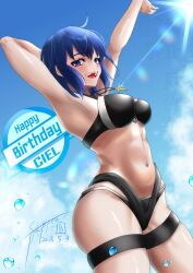  arms_up bikini black_bikini blue_hair breasts character_name ciel_(tsukihime) cloud commentary_request cowboy_shot cross cross_necklace dated english_text fate/grand_order fate_(series) female happy_birthday highres jewelry latin_cross looking_at_viewer multi-strapped_bikini_bottom mysterious_executor_c.i.e.l_(fate) navel necklace open_mouth short_hair signature smile solo sorano_tsukiyo sunlight swimsuit thigh_strap 