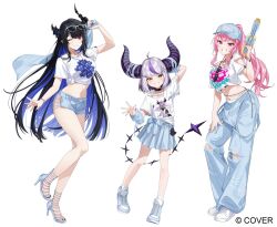  3girls :d ;) arm_behind_head arm_up asymmetrical_horns baseball_cap black_collar black_hair black_horns blue_hair blue_hat blue_pants blue_shoes blue_shorts blue_skirt blunt_bangs bob_cut bracelet breasts character_print closed_mouth collar colored_inner_hair commentary_request contrapposto copyright_notice cropped_shirt demon_horns denim denim_shorts eyewear_around_neck eyewear_on_head flower full_body grey_hair grin hat high_heel_sandals high_heels holding holding_water_gun hololive hololive_english horn_flower horns jailbird_(nerissa_ravencroft) jeans jewelry la+_darknesss la+_darknesss_(1st_costume) large_breasts long_hair looking_at_viewer midriff miniskirt mole mole_under_eye mori_calliope multicolored_hair multiple_girls navel necklace nerissa_ravencroft official_alternate_costume official_art one_eye_closed pants pink_eyes pink_hair pisuke_wan pleated_skirt ponytail purple_eyes purple_streaks sandals shirt shirt_partially_tucked_in shoes short_hair short_shorts shorts sidelocks simple_background skirt slit_pupils smile sneakers streaked_hair striped_horns sunglasses t-shirt tail tied_shirt torn_clothes torn_jeans torn_pants torn_shirt uneven_horns very_long_hair virtual_youtuber water_gun white_background white_shirt white_shoes yellow_eyes 