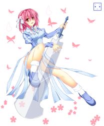  blue_dress blue_shoes blush bow bowtie breasts bug butterfly commentary_request cosplay cross dress falier falier_(cosplay) female full_body greatsword hairbow highres holding holding_sword holding_weapon juliet_sleeves loafers long_sleeves looking_at_viewer medium_breasts ngirln4 open_mouth pink_butterfly pink_hair puffy_sleeves red_eyes saigyouji_yuyuko shoes short_hair simple_background smile socks solo summon_night summon_night_3 sword touhou weapon white_background white_bow white_bowtie white_socks 