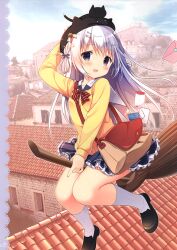  :d absurdres arm_behind_head bag black_cat black_hat black_shoes black_skirt blush bow bowtie broom brown_bag buttons chimney cityscape cloud collared_shirt feline female frilled_skirt frills full_body futaba_miwa hair_ornament hairbow hairclip hat heterochromia highres holding holding_broom house kneehighs kokoro_(futaba_miwa) letter long_hair miniskirt multiple_hairclips open_mouth original petticoat red_bow red_bowtie sailor_collar shirt shoes shoulder_bag skirt sky smile socks solo striped_bow tile_roof town white_sailor_collar white_socks window yellow_shirt 
