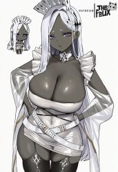  ai-generated alternate_costume aria_(nikke) belt black_thighhighs breasts chibi chibi_inset cleavage collarbone commentary covered_navel cowboy_shot dark-skinned_female dark_skin dress female garter_straps goddess_of_victory:_nikke hair_intakes hair_ornament highres huge_breasts long_hair looking_at_viewer patreon_logo patreon_username pencil_dress pout purple_eyes skindentation thefelix thick_thighs thighhighs thighs very_dark_skin white_background white_belt white_hair wide_sleeves 
