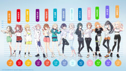  6+girls amaya_tsubame arimura_mao character_name commentary_request copyright_name copyright_notice fujita_kotone full_body gakuen_idolmaster gym_shorts hanami_saki hanami_ume hataya_misuzu height_chart height_mark highres himesaki_rinami idolmaster juo_sena katsuragi_lilja kuramoto_china leggings lineup multiple_girls official_art ponytail shinosawa_hiro shirt shiun_sumika shoes shorts sneakers sportswear t-shirt tsukimura_temari 