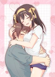  1boy absurdres aged_up alternate_hair_length_(longer) between_breasts blue_shorts breasts brown_eyes brown_hair closed_eyes commentary_request couple female grey_shirt hairband head_between_breasts heart highres hug kyon medium_hair open_mouth shirt short_hair short_sleeves shorts standing straight suzumiya_haruhi suzumiya_haruhi_no_yuuutsu t-shirt taiki_(6240taiki) thighs tongue white_shirt 