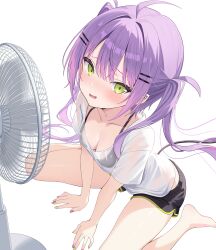  absurdres barbell_piercing barefoot black_bra black_shorts blush bra bra_visible_through_clothes breasts cleavage demon_girl demon_tail ear_piercing electric_fan female gradient_hair green_eyes hair_ornament hairclip highres hololive industrial_piercing long_hair looking_at_viewer medium_breasts multicolored_hair nekonosuke open_mouth paid_reward_available parallel_hairclips piercing pink_hair pointy_ears purple_hair see-through_clothes see-through_shirt shirt short_shorts shorts simple_background sitting solo t-shirt tail tokoyami_towa twintails underwear virtual_youtuber white_background white_shirt 