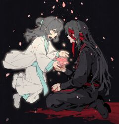  2boys age_comparison aged_down aqua_sash bandage_over_one_eye black_background black_boots black_eyes black_hair black_hanfu black_shirt blood blood_from_eyes blood_from_mouth blood_on_face blood_on_hand boots chengnanbunancheng chinese_clothes chinese_commentary closed_mouth commentary dual_persona eye_socket falling_petals floating from_side full_body giving glowing hair_between_eyes hair_bun hair_down hanfu highres holding holding_petal hong_lu_(hongyuan)_(project_moon) hong_lu_(project_moon) hongyuan_(identity)_(project_moon) limbus_company long_hair long_sleeves looking_at_another male_focus multiple_boys nosebleed parted_lips petals pink_petals pool_of_blood profile project_moon red_bandage sash seiza shirt simple_background sitting smile topknot turtleneck turtleneck_shirt very_long_hair white_boots white_hanfu 