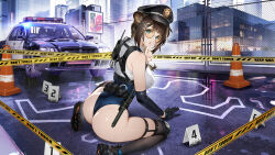  absurdres artist_request baton_(weapon) braid breasts brown_hair car caution_tape chain-link_fence chalk_outline character_request commentary_request covered_nipples crime_scene echocalypse elbow_gloves female fence finger_to_mouth glasses gloves green_eyes hair_ornament hairclip hat highres leotard motor_vehicle official_art police police_car police_hat police_uniform policewoman shirt shoes single_braid sitting skindentation t-shirt thighhighs wariza weapon 
