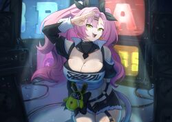  absurdres ainemswork amillion_(zenless_zone_zero) amplifier arm_behind_back bangboo_(zenless_zone_zero) bare_shoulders belt black_belt black_collar black_jacket black_ribbon black_shorts black_sleeves blush breasts cleavage clothes_writing collar commentary cutoffs detached_sleeves english_commentary female fingernails green_eyes hair_ornament hair_ribbon hairclip heart_collar highres hip_bones indoors jacket large_breasts long_hair long_sleeves looking_at_viewer midriff navel nicole_demara open_belt open_fly open_mouth pink_hair ribbon salute shirt short_sleeves shorts single_hair_intake smile solo stomach teeth television thighs upper_teeth_only white_shirt zenless_zone_zero 