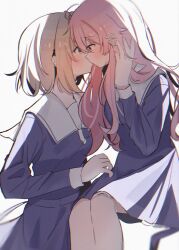  2girls blush brown_eyes brown_hair commentary dress grey_background highres kagari_mimi kimi_ga_shinu_made_koi_wo_shitai kissing long_hair multiple_girls pink_eyes pink_hair purple_dress sailor_collar sailor_dress school_uniform short_hair simple_background totsuki_shiina touka127430 white_sailor_collar yuri 