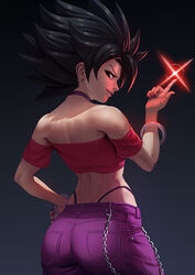  adapted_costume ass back bangle bare_shoulders big_hair black_hair borrowed_design bracelet caulifla choker crop_top denim dragon_ball dragon_ball_super earrings energy_ball english_commentary female fingernails from_behind hand_on_own_hip highleg highleg_panties index_finger_raised jeans jewelry looking_at_viewer looking_back nail_polish off-shoulder_shirt off_shoulder panties pants purple_choker purple_nails purple_pants red_shirt saiyan shirt short_sleeves shoulder_blades solo spiked_hair toned underwear wallet_chain zetman92 