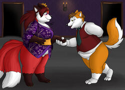  anthro bigladydragon blush canid canine clothing duo female fox male mammal multi_tail overweight overweight_anthro overweight_female overweight_male tail 