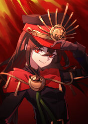  breasts brown_gloves brown_hair brown_hat cape chains fate/grand_order fate_(series) female gloves hair_between_eyes hat highres ling_huanxiang long_hair long_sleeves looking_at_viewer oda_nobunaga_(fate) oda_nobunaga_(koha-ace) pale_skin peaked_cap red_background red_cape red_eyes red_hat shiny_clothes small_breasts smile solo upper_body 