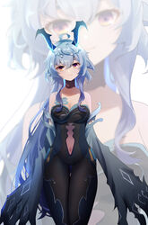  absurdres blue_hair blue_horns bonanus_(genshin_impact) breasts cleavage collarbone covered_navel female fusion ganyu_(genshin_impact) genshin_impact highres horns light_smile long_hair looking_at_viewer medium_breasts multiple_views pantyhose qixia standing thigh_gap yellow_eyes zoom_layer 